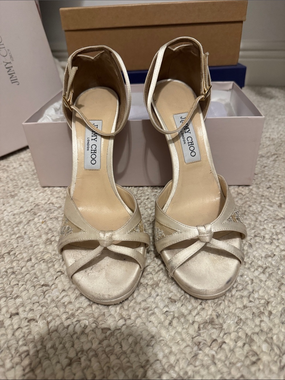 Jimmy Choo Cream Satin Knotted Open-Toe Ankle-Strap Heels women 39